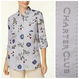 Charter Club Summer Linen Floral Striped Airy Button Down Size XL●